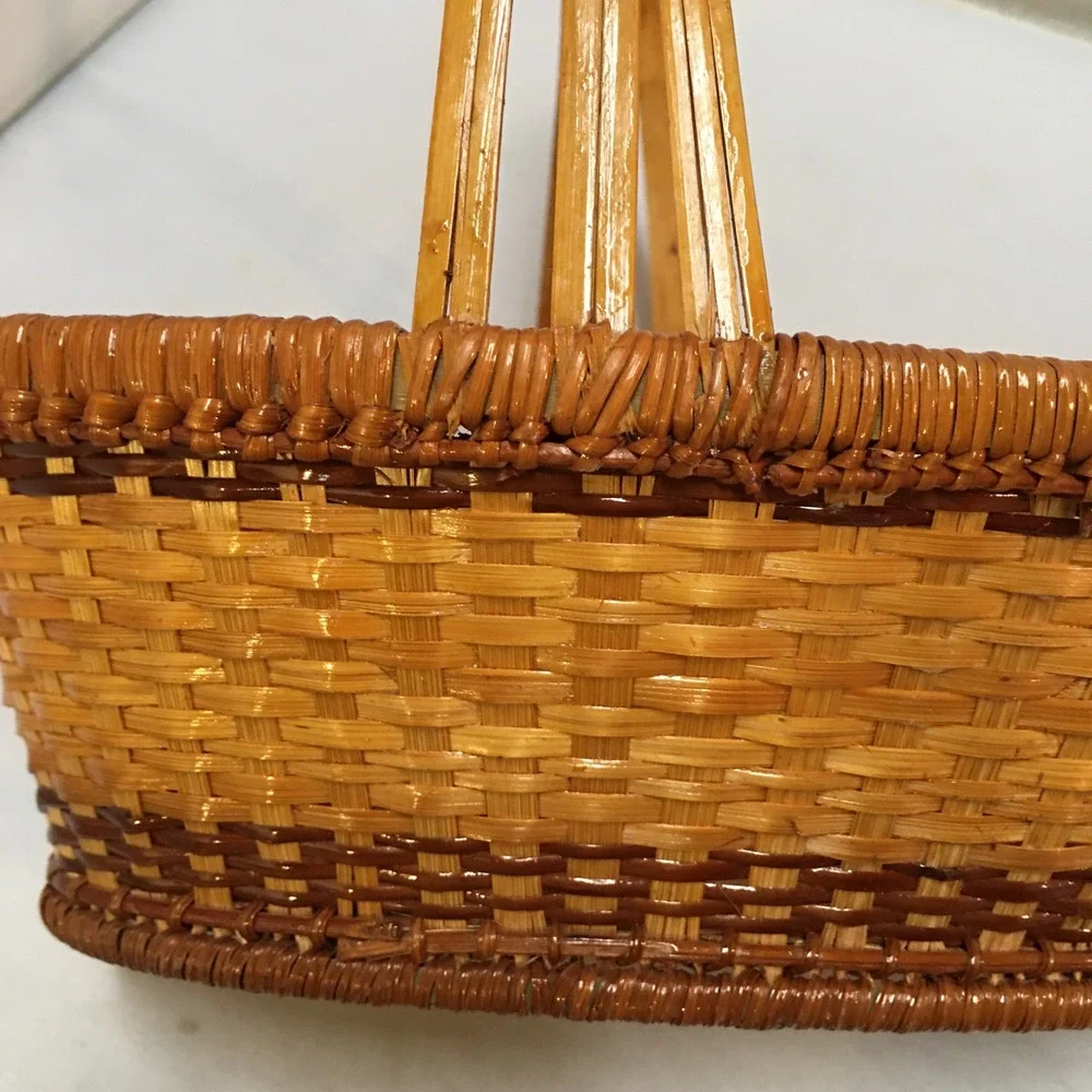 Woven Wicker Basket Home Decor Small Brown Two Tone Oval Handle Farmhouse